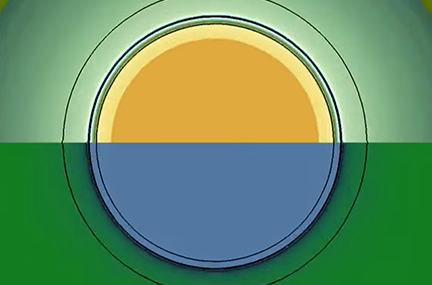 concentric circles where the top half is yellow and orange and the bottom half is blue, set on a background of dark green at bottom and light green at top