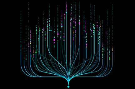 teal lines adorned with multicolored dots extending upward from a single point, all on a black background