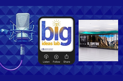 Big Ideas podcast logo, microphone, and El Capitan supercomputer