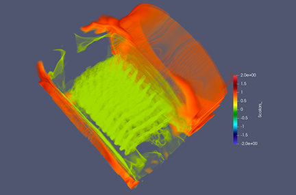 red and green computed tomography image of a cylinder with scale bar and gray background