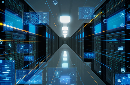 looking between rows of a supercomputer’s racks, superimposed with various images of data analysis graphs and plots