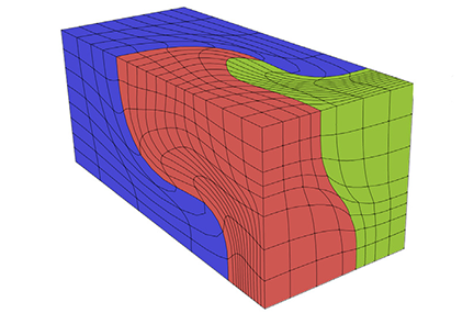 3D rectangle divided into an irregular mesh colored blue, red, and green