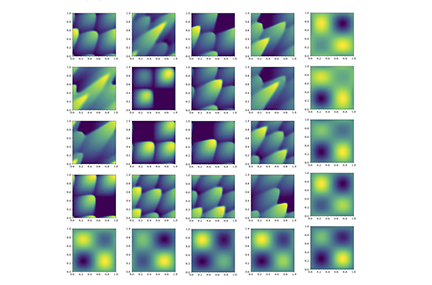 5x5 grid of squares made up of green, yellow, teal, and black shapes representing Poisson’s and Burgers’ equations