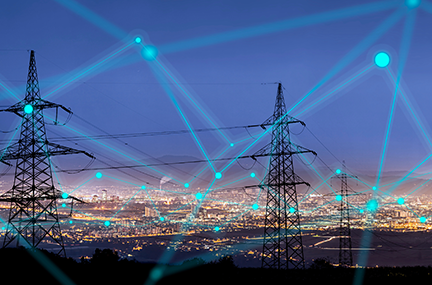 power lines strung between transmission towers, overlaid with a blue graphic evoking connectivity