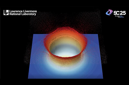 simulation of  a red and blue splash ring on a black background with LLNL and SC25 logos