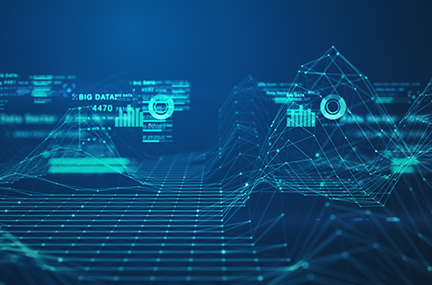 stylized 3D graphic of data, lines, dots, and shapes connected on a network with peaks and valleys