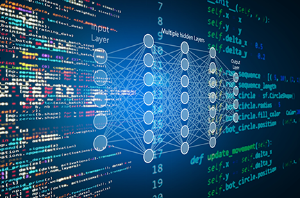 stylized graphic of code overlaid with a neural network diagram