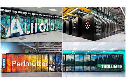 collage of four HPC system photos: Aurora, Frontier, Perlmutter, and Tuolumne