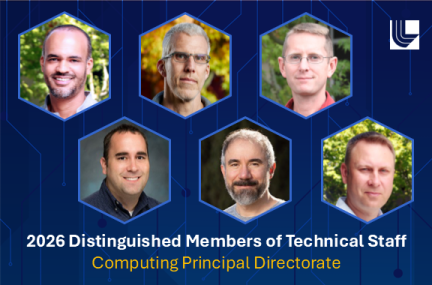 six researchers’ portraits in a collage on blue background with LLNL logo and text overlay “2026 Distinguished Members of Technical Staff Computing Principal Directorate”