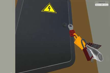 screen shot from VR rendering showing the user locking an electrical storage cabinet