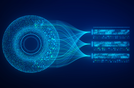 blue lines connecting in a circle and leading into graphic representations of neural networks