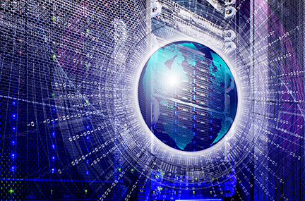 stock image of Earth superimposed over a supercomputer's rack with radiating lines