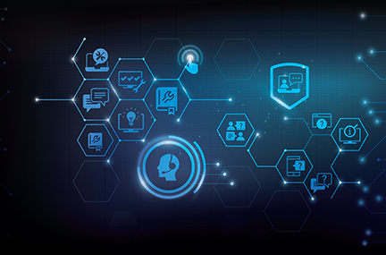 blue and black background with graphics depicting various aspects of IT