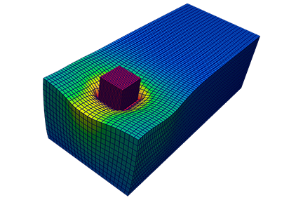 3D two-block problem: maroon cube resting on a large blue rectangle, causing a deformity with magnitude denoted by varying colors; both shapes are resolved by meshes