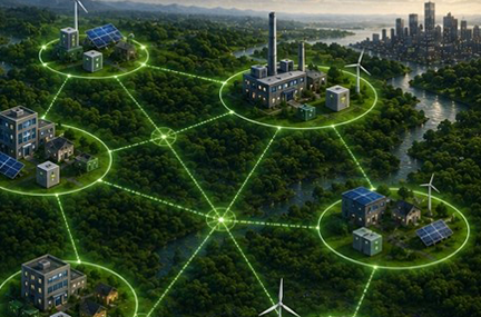diagram of decentralized grid with buildings and other structures circled and linked to each other