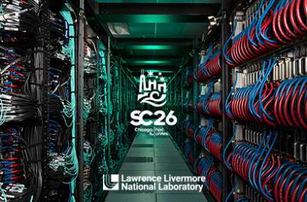 looking down between rows of the El Capitan supercomputer with cables exposed overlaid with SC26 and LLNL logos