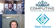 two people on video chat alongside Comp Scholars and OSS logos