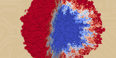 cutaway of a red, white, and blue spherical simulation on a tan background