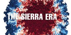 the words "the sierra era" overlaid on a red, white, and blue hydrodynamics simulation