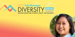 divesity summit logo on a read and yellow background alongside Jeene's photo