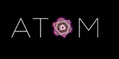 ATOM logo on black background with the O represented by an atomic structure