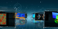 screen shot of video showing multiple computer simulations on a teal background