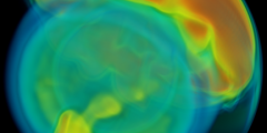 Simulation in blue, teal, green, and orange shaped like an acorn