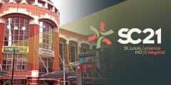 SC21 logo overlaid on photo of St. Louis convention center