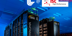 Magma supercomputer in dramatic blue lighting, overlaid with LLNL logo and ISC22 logo