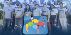 image of cartoon people assembling puzzle pieces superimposed over a photo in which students and mentors stand as a group