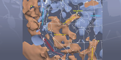 Map of the western United States with a 3D image of the WUS256 model showing variations in isotropic shear wavespeeds with high/low values indicated by blue/orange