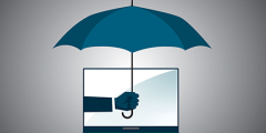 cartoon of an arm holding an umbrella coming out of a laptop screen