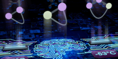stylized drawing of atoms, a computer circuit, and labels of temperature readings of 75 degrees, -53 degrees, and -21 degrees Celsius