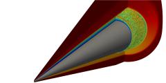A high-fidelity simulation of the hypersonic turbulent flow over a notional hypersonic flight vehicle (colored grey) depicts the speed of the air surrounding the body, with red as high and blue as low. The turbulent motions that impose harsh, unsteady loading on the vehicle body are depicted in the back portion of the vehicle. Accurately predicting these loads are critical to vehicle survivability, and for practical applications, billions of degrees of freedom are required to predict physics of interest