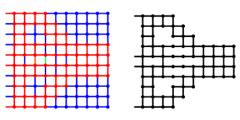 blue and red lattice structure on the left where blue indicates the lattice component that needs to be removed; black lattice structure on the right showing the optimized red portion of the left image 