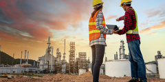 two workers in reflective vests look at a power plant under a sunset