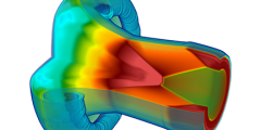 3D simulation of a shock interaction that looks like a colorful cylinder peeling back at one end