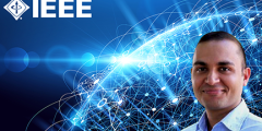 Bhavya's portrait with the IEEE logo and a blue Earth background