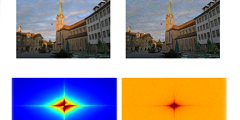 Top row: two photos of a large building with a spire corrupted by glass blur and shot noise; bottom row: two multicolored rectangles (spectral heatmaps) corresponding to the photos