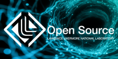 LLNL open source logo in white with full Lab name spelled out, both overlaid on a black background and a pattern of interconnected teal swirls and dots