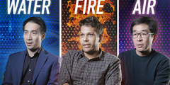 three scientists with different colored abstract backgrounds and the words water, fire, and air at the top