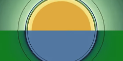 concentric circles where the top half is yellow and orange and the bottom half is blue, set on a background of dark green at bottom and light green at top