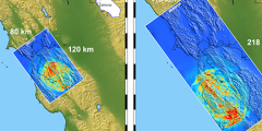 side-by-side topographical maps of the California Bay Area with Hayward Fault highlighted in blue and earthquake growth depicted in rainbow colors 