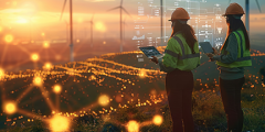 two utility workers in fluorescent vests survey a field of windmills overlaid with glowing dots, abstract shapes, and data analytics