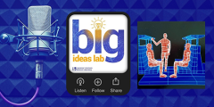 Big Ideas podcast logo, microphone, and simulation of humans on a mesh