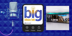 Big Ideas podcast logo, microphone, and El Capitan supercomputer