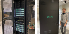 two views of the Oxide rack, one with the door open and one with a person standing beside it