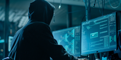 Hooded person hacking into a computer in a dark atmosphere with multiple monitors and cable