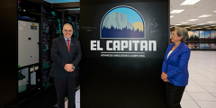 Antonio Neri and Lisa Su flank the end of an El Capitan rack where they signed their names next to the logo