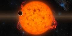 An artist’s conception of the exoplanet K2-33b, a 10-Myr-old, Jupiter-sized planet, transiting in front of its active host star.